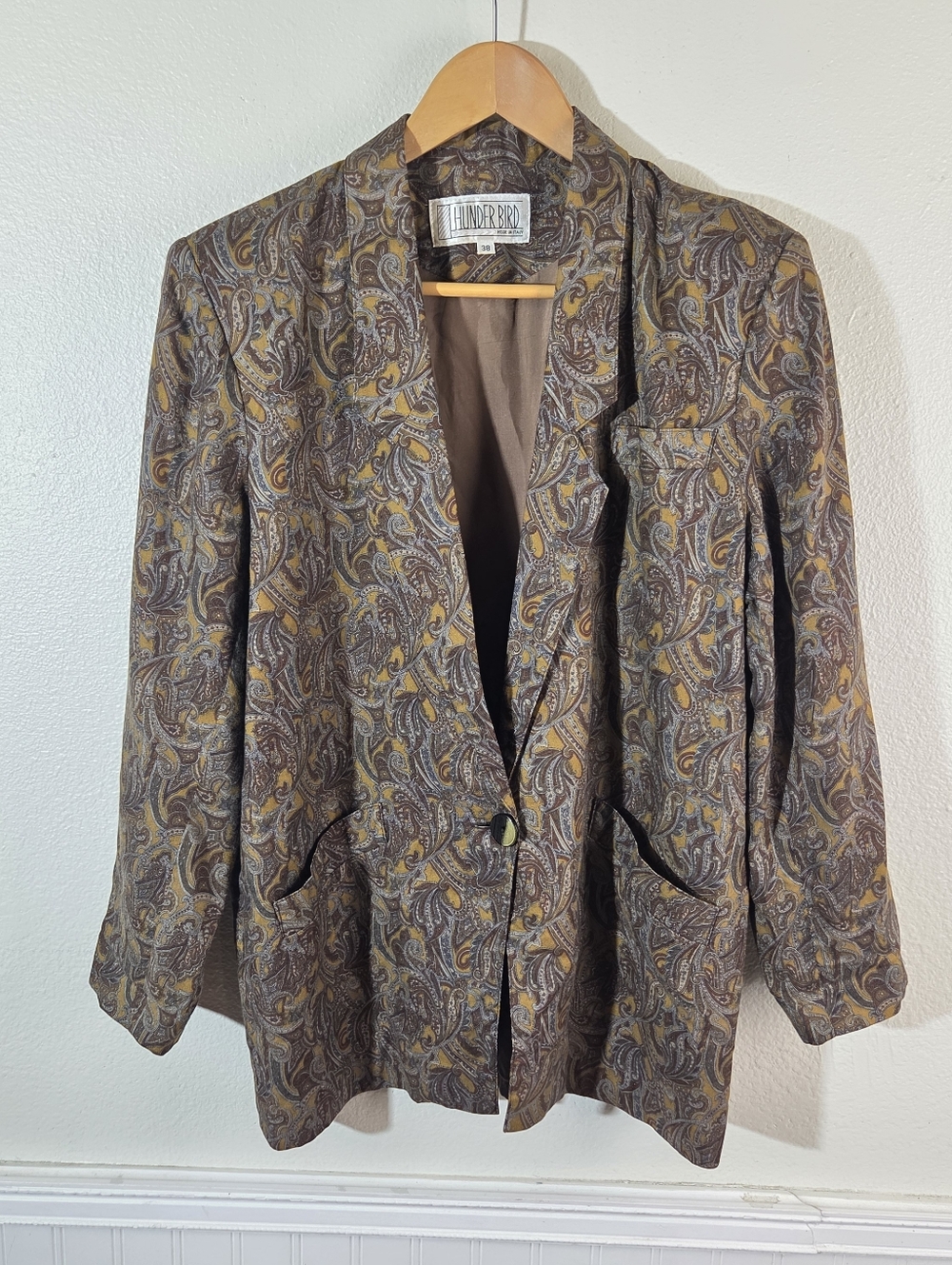Vintage Thunder Bird Italy Women’s Paisley Blazer Jacket Size 38 Brown Gold